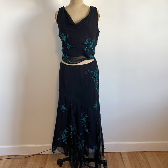 Y2K Whimsigoth Set Mix It 14 Black Midi Tank Sheer Floral Hip Hugger Fairycore - Picture 16 of 16